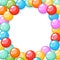 Cartoon gum balls background. Color round candies frame, kids yummy bubble gums, children play room decoration, game