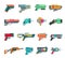 Cartoon gun vector toy blaster for kids game with futuristic handgun and children raygun of aliens in space illustration