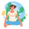 Cartoon guy meditating in lotus pose. Yoga asana and breath training, relaxing, peaceful tranquil male person practicing yoga flat