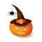 Cartoon Halloween 3d pumpkin with witch hat and hanging hairy black spider on white background. Scary squash