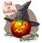 Cartoon halloween angry pumpkin with witch hat