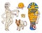 Cartoon Halloween characters set of images: Mummy,moon,sphinx cat, and sarcophagus.