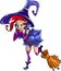 Cartoon Halloween cute witch flying on a broom. A dreamy sorceress.