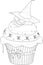 Cartoon Halloween decorated cupcake with cream, spiders and pumpkin in witch hat template. Vector illustration in black and white