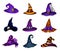 Cartoon Halloween hats of witch or enchantress