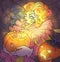 Cartoon halloween illustration of an evil bizarre clown mascot holding a pumpkin full of sweets