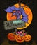 Cartoon Halloween poster. Text Happy Halloween, vampire bat, pumpkins, on full moon background. Vector illustration