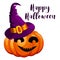 Cartoon halloween pumpkin wearing witch hat