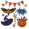 Cartoon Halloween set. Hand drawn collection of witch craft deaths head hawk moth, spider, witch hat, eyeball, pumpkin