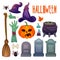 Cartoon halloween set. Scarry illustration for halloween party. Spider, witch hat, pumpkin jack and zombie hands clipart
