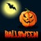 Cartoon Halloween title, full moon and spooky face pumpkin
