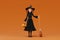 Cartoon Halloween witch with broom on yellow background. 3d render