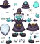 Cartoon Halloween witch character with different body parts and expressions