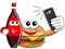 Cartoon hamburger coke bottle characters selfie smartphone