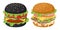 Cartoon hamburgers. Classic and black burgers, American cheeseburger and bacon burger with vegetables, cheese, beef, bacon and