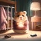 Cartoon hamster, cute, cuddly, playful, curious, brown and white, wearing a pink sweater in a cozy bedroom with a bed, a lamp, and