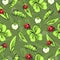 Cartoon hand drawing beetle ladybug and caterpillars, leaves and flowers of clover seamless pattern, vector background