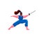 Cartoon hand drawn Cute plus size swordswoman. Fitness fencing concept. Tricky nimble plump woman stands with rapier. fencing