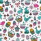 Cartoon hand drawn Doodle Happy Easter illustration. Seamless pattern.