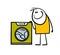 Cartoon hand drawn man looks at the washing machine running quite contentedly. Vector illustration of doodle husband