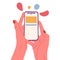 Cartoon hand holding cellphone, human hand touch smartphone screen. Hand holding gadget, fingers scrolling and tapping device