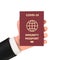 Cartoon Hand Holding Red Travel Health Immune Passport with Gold Yellow Sign and Biometric Icon. 3d Rendering