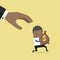 Cartoon hand tries to grab the bag of money running African businessman.