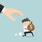 Cartoon hand tries to grab the bag of money running businessman