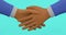 Cartoon hands of businessmen shaking hands. Agreement, contract. Two male hands in suits on a turquoise background. 3D render