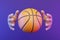 Cartoon hands catching a basketball on a purple background