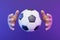 Cartoon hands catching a soccer ball on a purple background