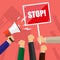 Cartoon hands of demonstrants, hand with Megaphone and stop sign, protest concept, revolution, conflict, vector