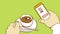 Cartoon Hands Holding Cup Of Coffee And Mobile Phone With Scanned QR Code