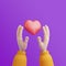 Cartoon hands holding inflated heart icon on a purple background