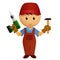 Cartoon handyman with hammer and drill