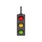 Cartoon hanging traffic semaphore with three colorful lamps. Road control device with red, yellow, green lights. Flat