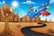Cartoon happy airplane with eagle on tree and Empty road in the desert