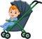 Cartoon happy baby boy in a stroller
