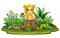 Cartoon happy baby leopard sitting on tree stump with green plants