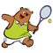 Cartoon happy bear playing tennis