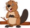 Cartoon happy beaver with wood