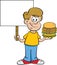 Cartoon happy boy holding a large hamburger and a sign.