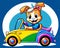Cartoon happy comic puppy dog convertible bumper car driver