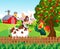 Cartoon Happy cow and chicken in the farm