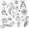 Cartoon happy cute thanksgiving symbols and icons outlined. Turkey bird, native americans, meal, pumpking, autumn leaves. Design