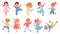 Cartoon happy dancing and jumping kids boys and girls. Children dance party joy. Ballet and aerobics poses. Kid