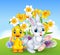 Cartoon happy duck and bunny with colourful Easter eggs