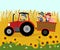 Cartoon of happy elderly farmer driving a tractor with kids and bales of straw on a trailer with wheat flied