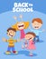 cartoon happy elementary age children with back to school caption