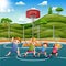 Cartoon happy family doing exercise on the basketball court